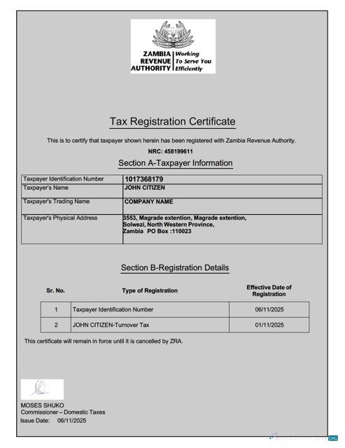 Download Zambia tax registration certificate Word and PDF template Photoshop template